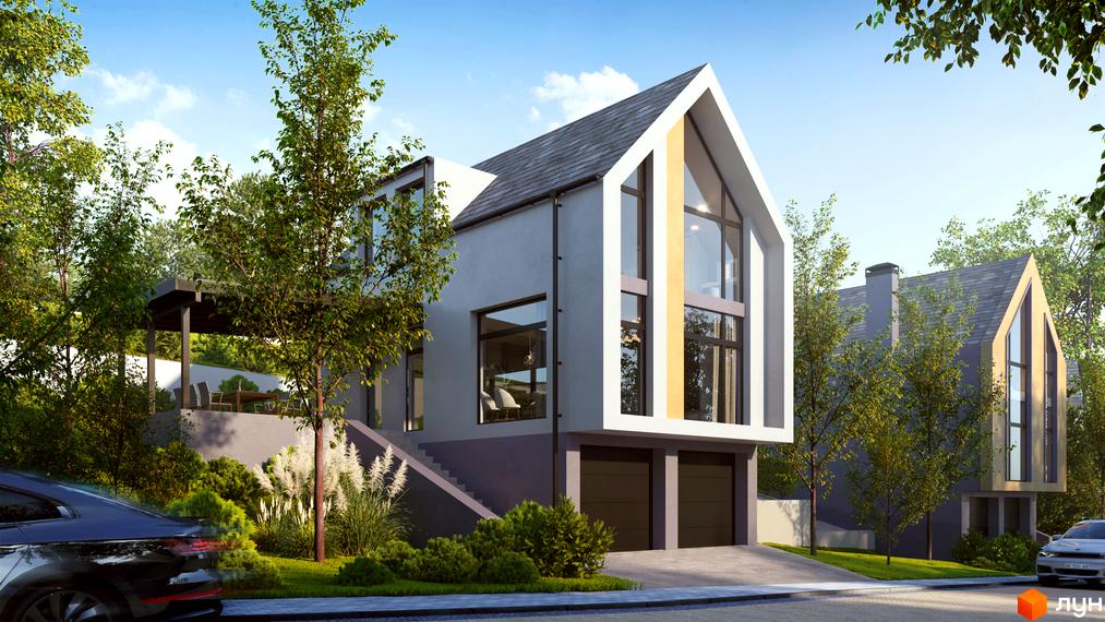 Котеджне містечко QP: двоповерхові будинки з панорамними вікнами та сірими дахами, оточені зеленню та деревами. На території є тераса з меблями та два автомобілі.