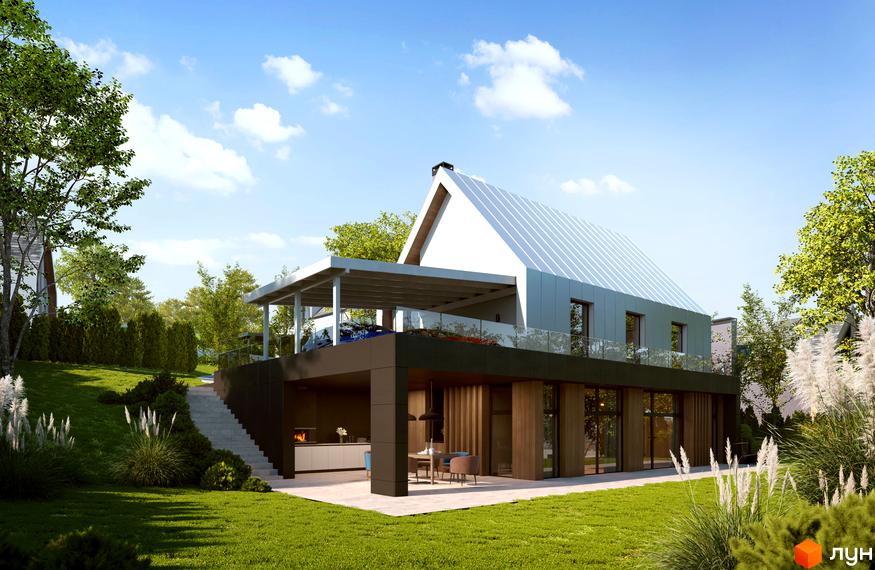 Котеджне містечко QP: двоповерховий будинок з білою дахом та скляними балконами, розташований на схилі зеленої ділянки з терасою та зоною барбекю.