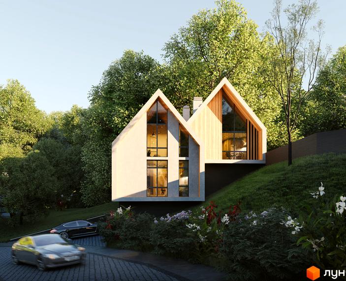 Котеджне містечко QP: будинки з великими вікнами та дерев'яними елементами на схилі, оточені зеленню та доріжкою.