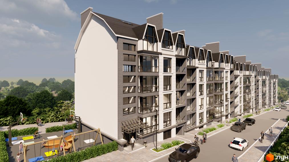 Житловий комплекс Престижний дім з сірою цегляною та білою фасадною обробкою, балконами та мансардними вікнами. Поруч дитячий майданчик з гойдалками та баскетбольним кільцем.