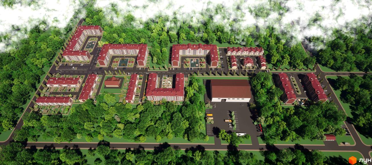 Таунхауси Амстердам з червоними дахами в оточенні зелені. На території комплексу розташовані дитячі майданчики та парковки.