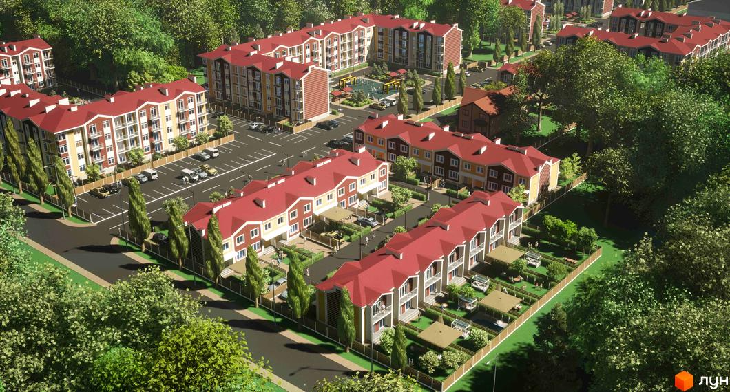 Таунхауси Амстердам з червоними дахами та жовто-білими фасадами. На прибудинковій території зелені насадження, дерева та дитячий майданчик.