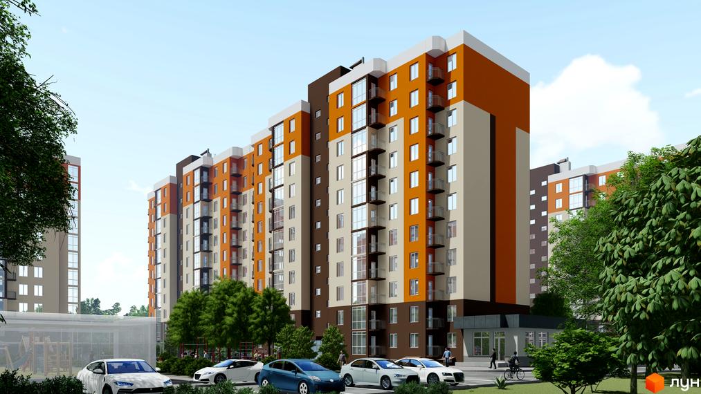 Зовнішній вигляд новобудови ЖК Громадянський посад з яскравим фасадом та балконами. На прибудинковій території розташовані автомобілі та зелені насадження.