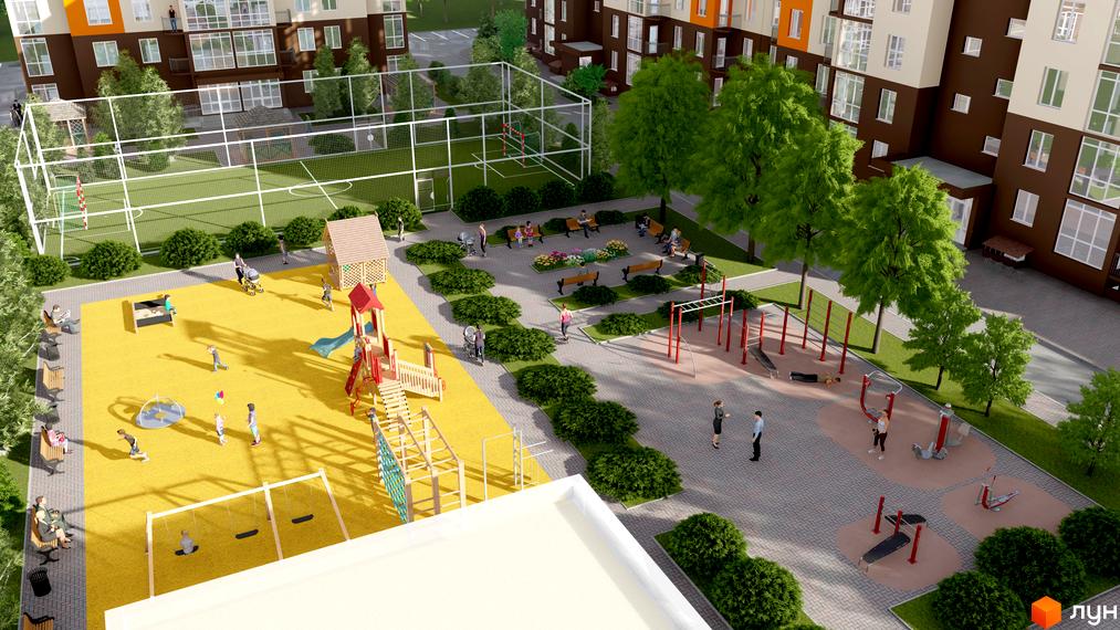 Житловий комплекс Громадянський посад: вид згори на дитячий майданчик, спортивні тренажери та футбольне поле. Сучасна архітектура будівель та доглянута прибудинкова територія.