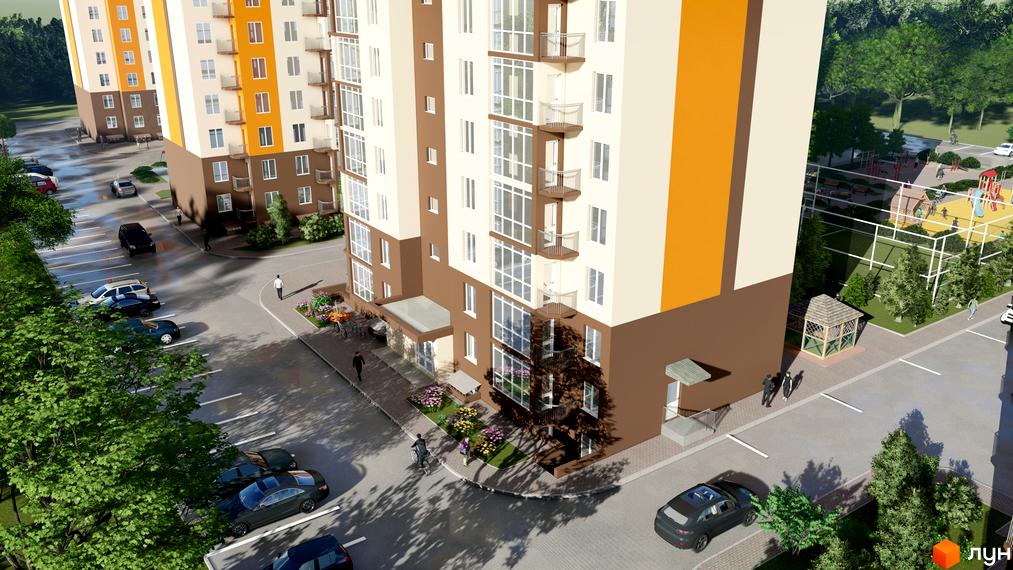 Зовнішній вигляд новобудови ЖК Громадянський посад з коричнево-бежевим фасадом та балконами. На прибудинковій території розташовані парковка, дитячий майданчик та зелені насадження.