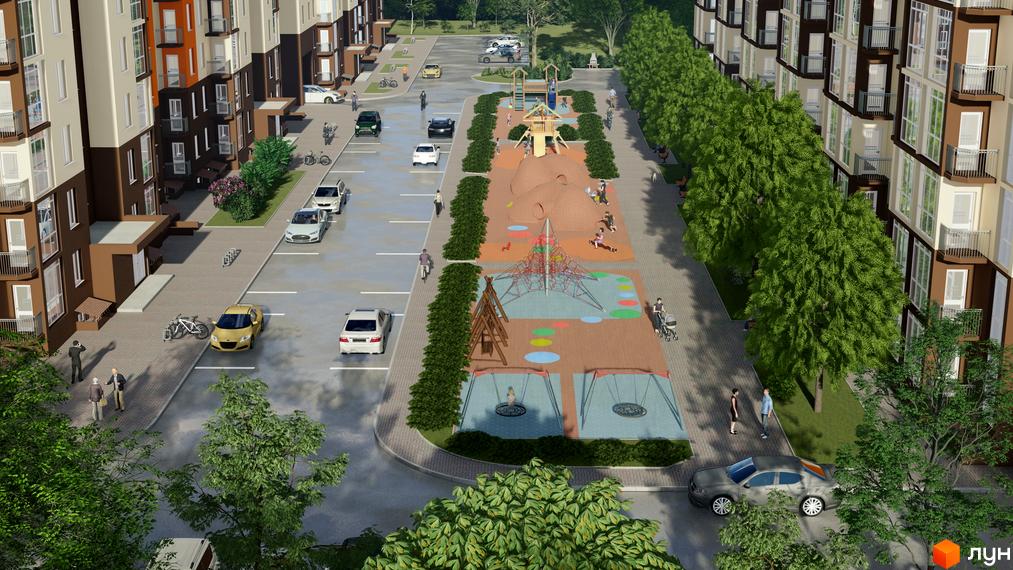 Зовнішній вигляд багатоповерхових будинків ЖК Громадянський посад з дитячим майданчиком та парковкою. Огляд території житлового комплексу.