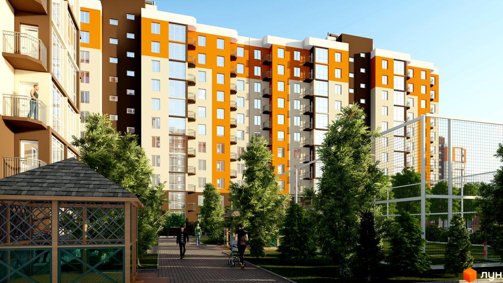 Зовнішній вигляд ЖК Громадянський посад з помаранчевими та бежевими фасадами, балконами та вікнами. На прибудинковій території розташовані дерева та зона відпочинку.