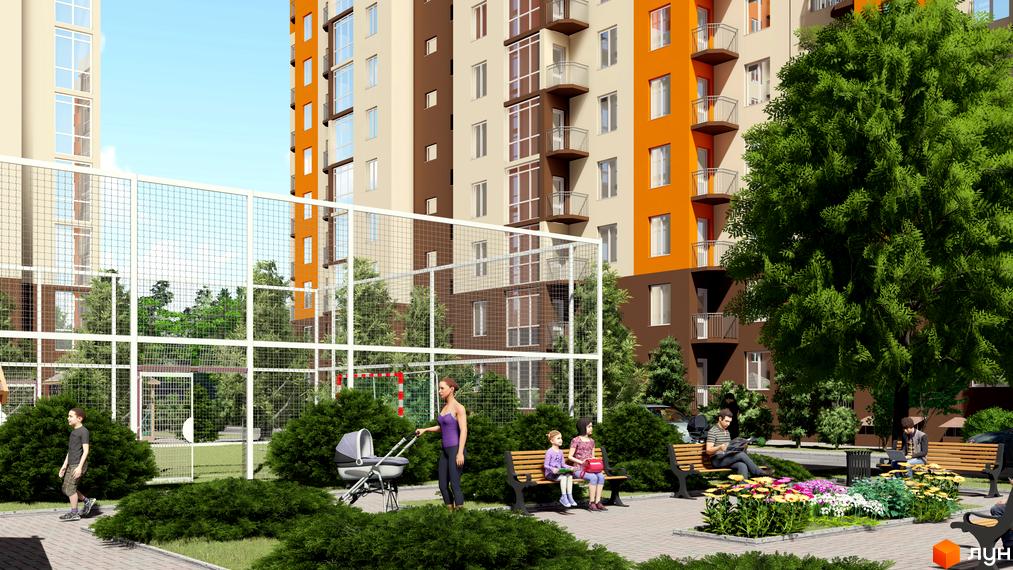 Житловий комплекс Громадянський посад: фасади будинків в бежево-коричневих та помаранчевих тонах, дитячий майданчик, зони відпочинку з лавками та квітами.