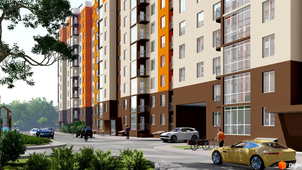 Житловий комплекс Громадянський посад: багатоповерховий будинок з оранжевими та бежевими фасадами, балконами та великими вікнами. Прибудинкова територія з деревами, кущами та автомобілями.