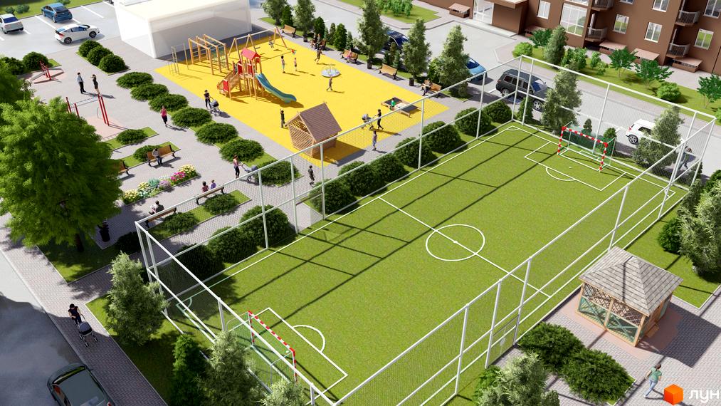 Житловий комплекс Громадянський посад: дитячий майданчик з гірками та гойдалками, футбольне поле з воротами, зони відпочинку з лавками та зелені насадження.