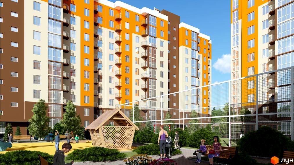 Житловий комплекс Громадянський посад з яскравим фасадом та упорядкованою прибудинковою територією з дитячим майданчиком.