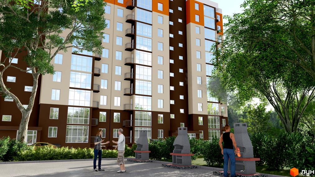 Житловий комплекс Громадянський посад з фасадом у коричнево-бежевих тонах та оранжевими акцентами. На прибудинковій території розташовані зони для барбекю та зелені насадження.