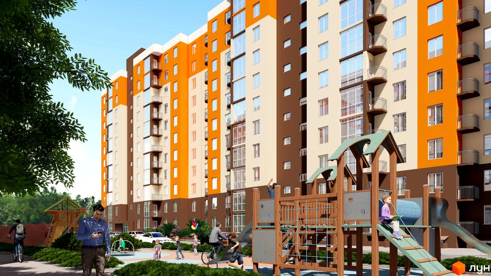 Житловий комплекс Громадянський посад з яскравим фасадом та дитячим майданчиком. Сучасна новобудова з балконами та зеленою зоною.