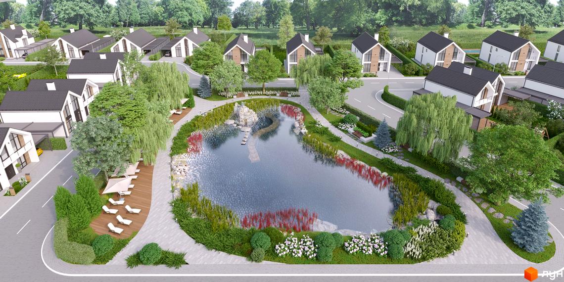 Котеджне містечко КМ Gardd House Eco Village з озером та зоною відпочинку. Сучасні будинки з панорамними вікнами та доглянутою територією.