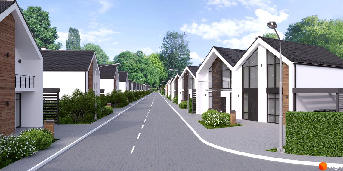 Котеджне містечко Gardd House Eco Village: будинки з білими фасадами, темними дахами та великими вікнами, розташовані вздовж дороги з зеленими насадженнями.