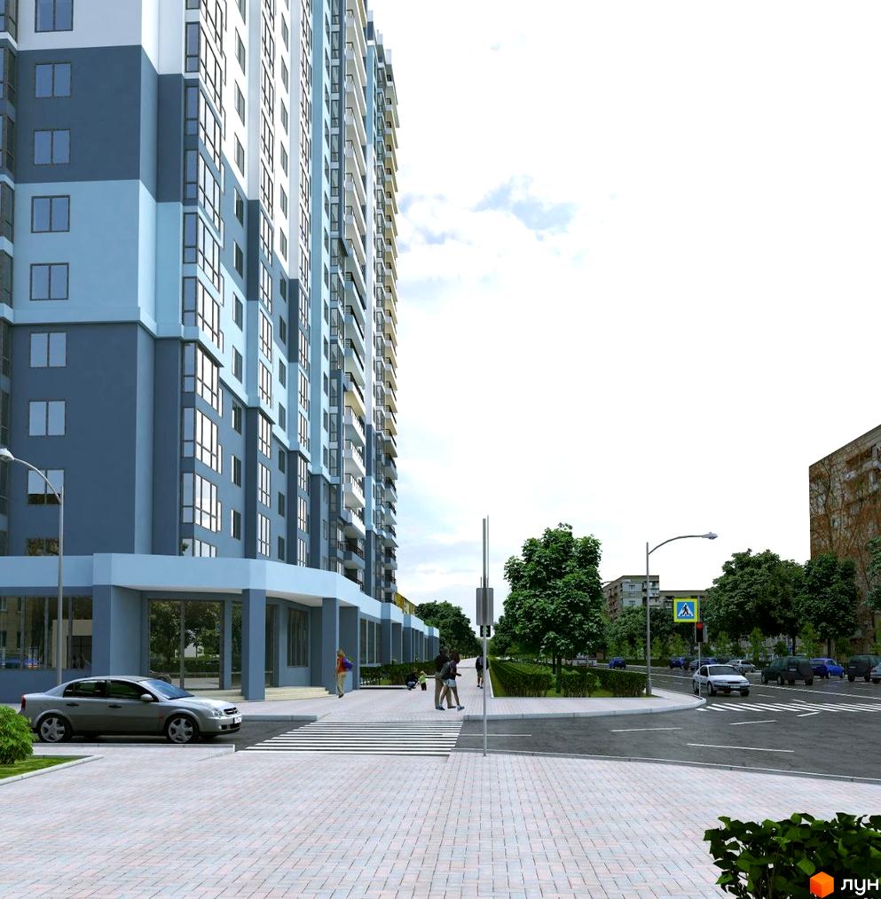 Зовнішній вигляд будинку ЖК Аврора з блакитними та сірими фасадами, вікнами та балконами. Навколо новобудови розташована прибудинкова територія з дорогою, пішохідним переходом та деревами.