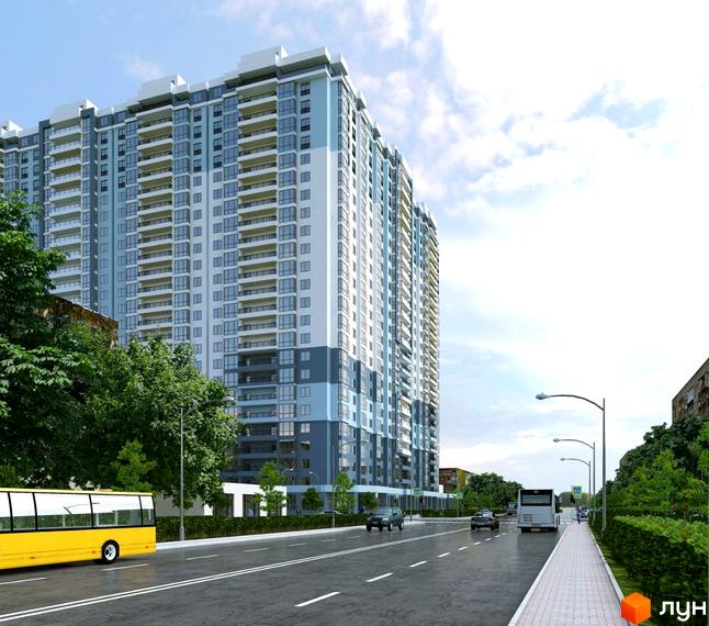 Зображення багатоповерхового будинку Житлового комплексу Аврора з балконами. На передньому плані дорога з автомобілями та тротуаром.