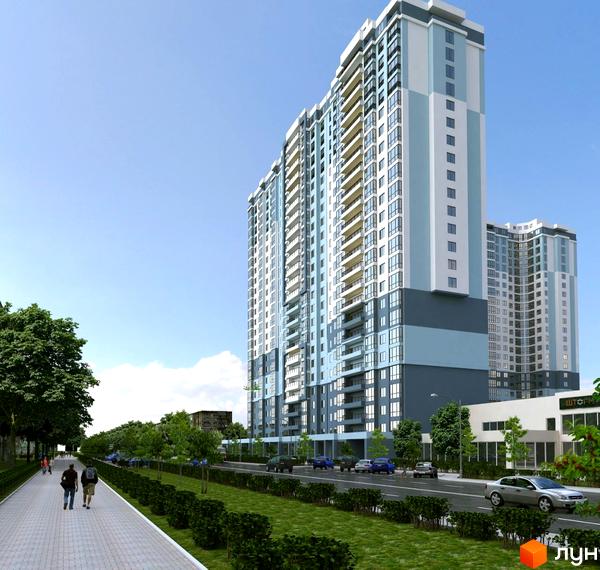 Житловий комплекс Аврора - це висотні будинки з балконами та панорамними вікнами, розташовані вздовж дороги з пішохідною зоною та зеленими насадженнями.