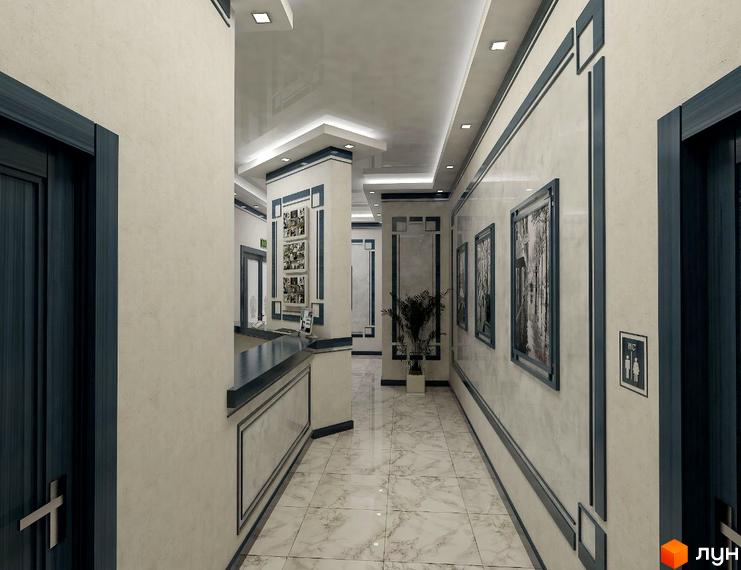 Інтер'єр коридору в Житловому комплексі Аврора з білими стінами, картинами та мармуровою плиткою на підлозі.