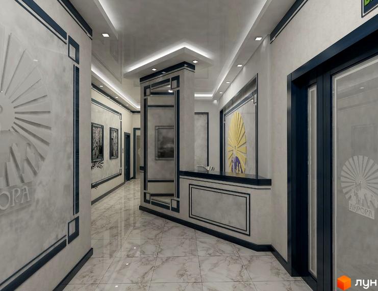 Інтер'єр холу в Житловому комплексі Аврора з оздобленням стін та підлоги в світлих тонах. На стінах декоративні елементи з назвою комплексу.