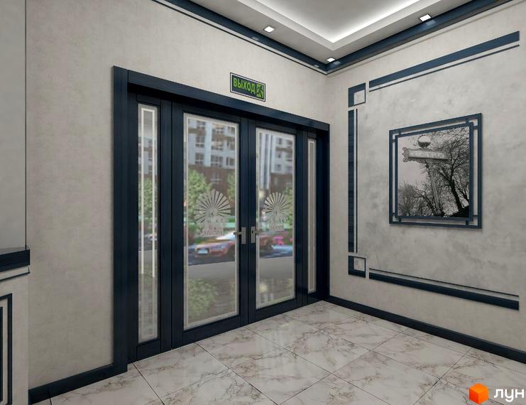 Зображення вхідної групи в Житловому комплексі Аврора з двома скляними дверима та табличкою виходу. На стіні висить картина.