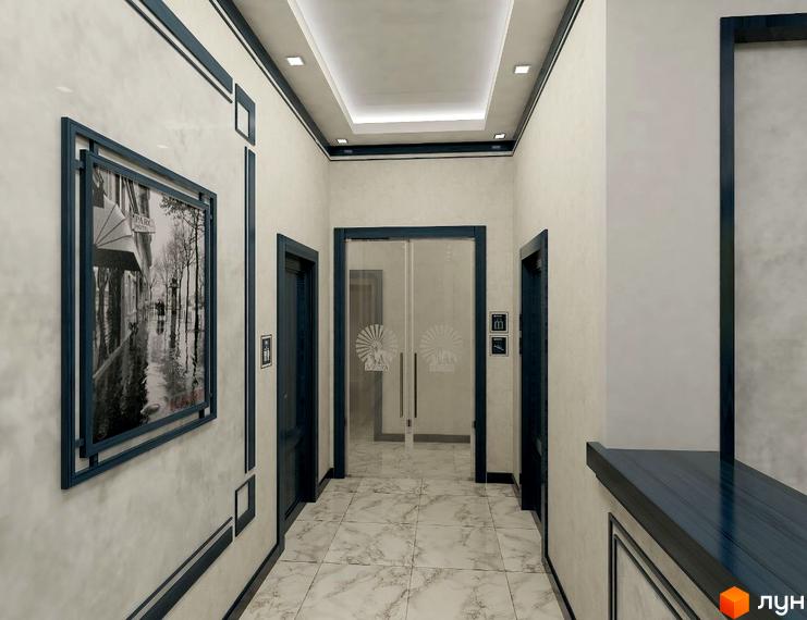 Інтер'єр холу житлового комплексу Аврора з картиною на стіні та дверима.