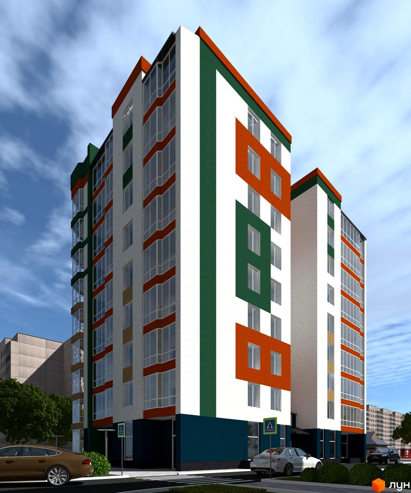 Зображення фасаду будинку по вул. Сергія Амброса, 35. Багатоповерхова будівля з великими вікнами та кольоровими вставками на стінах.