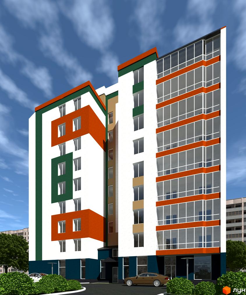 Зовнішній вигляд житлового комплексу на вул. Сергія Амброса, 35, з яскравим фасадом та великими вікнами. Навколо будинку зелені насадження та припарковані автомобілі.