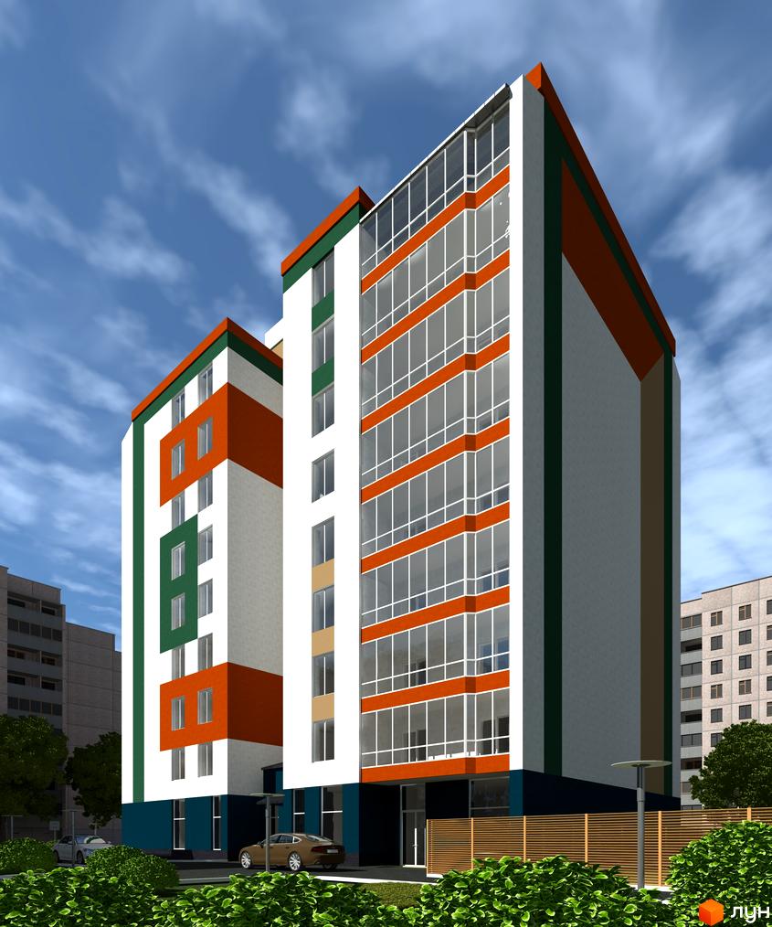 Зовнішній вигляд житлового комплексу на вул. Сергія Амброса, 35, з яскравими фасадами та великими вікнами. На прибудинковій території розташовані зелені насадження та автомобілі.