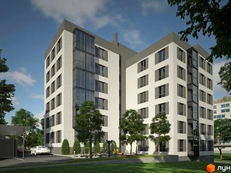 Фасад житлового комплексу КБ Затишний дім з світлими стінами та темними вікнами. На прибудинковій території зелений газон, дерева та дитячий майданчик.