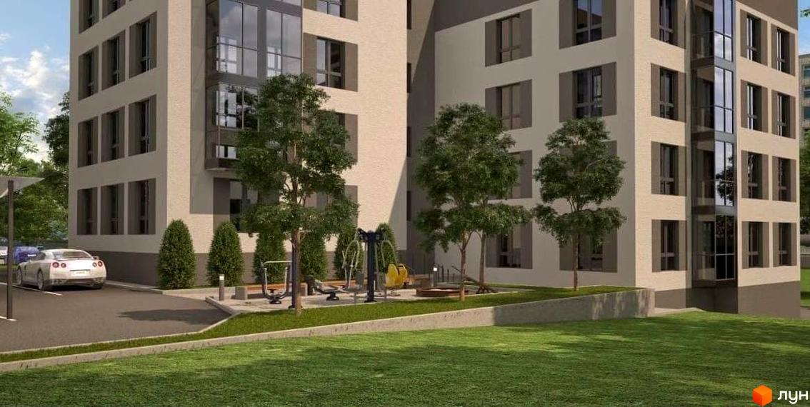 Високоповерховий будинок ЖК Затишний дім з великими вікнами та світлими фасадами. На прибудинковій території є дитячий майданчик та зелені насадження.