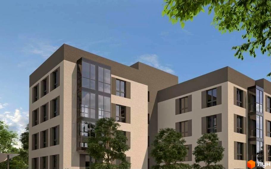 Фасад будівлі КБ Затишний дім бежевого кольору з темними віконними рамами та великими скляними секціями. Навколо ростуть зелені дерева.