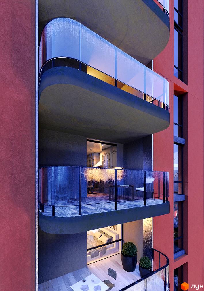 Будинок Житлового комплексу Respublika з червоно-оранжевим фасадом та округлими балконами зі скляними огорожами.