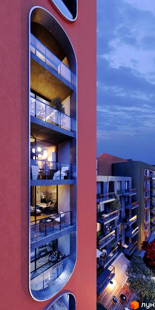 Житловий комплекс Respublika: будівля з червоно-оранжевим фасадом та овальними вікнами-балконами. Прибудинкова територія з деревами та освітленням.