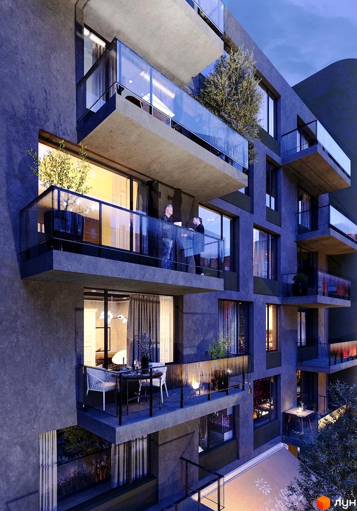 Житловий комплекс Respublika ввечері: темний фасад, освітлені вікна та балкони зі скляними огорожами. На балконах видно людей та зелені насадження.