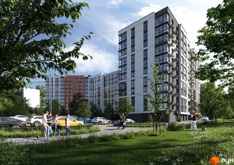 Житловий комплекс Park Town – це сучасна архітектура з великою кількістю скління та упорядкована прибудинкова територія з зеленими зонами та парковкою.