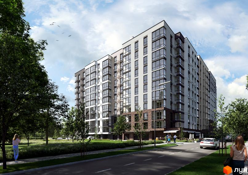 Новобудова ЖК Park Town з великою кількістю вікон та балконів, оточена деревами та зеленою прибудинковою територією.