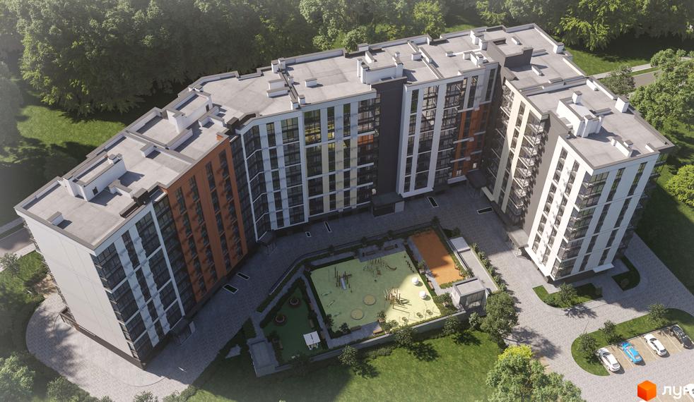 Зображення житлового комплексу Park Town з висоти пташиного польоту. На території є дитячий майданчик та парковка.