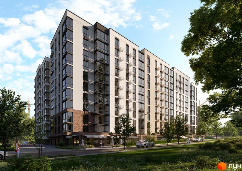 Зображення фасаду багатоповерхового будинку в Житловому комплексі Park Town з великими вікнами та прибудинковою територією.