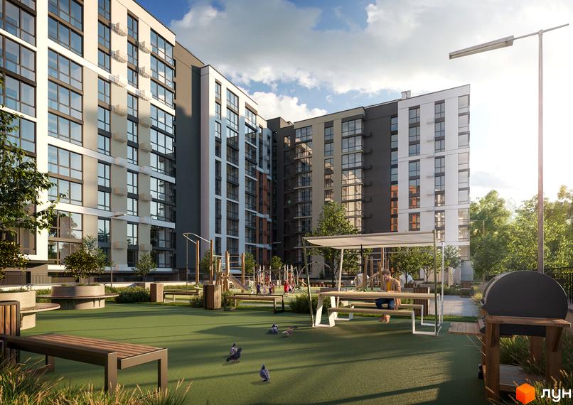 Зображення фасаду житлового комплексу Park Town з великою прибудинковою територією. На території є дитячий майданчик та місця для відпочинку.