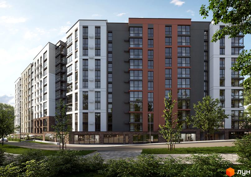 Зображення фасаду та прибудинкової території Житлового комплексу Park Town. Багатоповерховий будинок з великими вікнами та зеленими насадженнями.