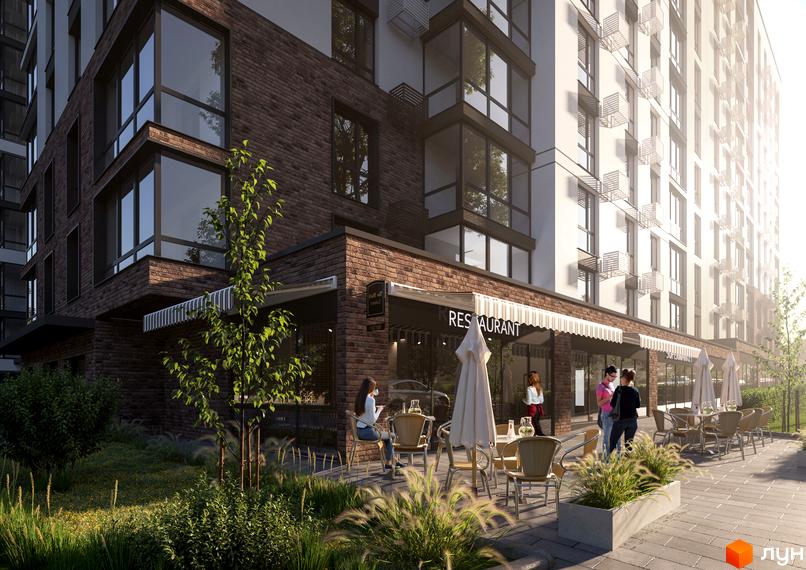 Зовнішній вигляд новобудови Park Town з цегляним фасадом та терасою ресторану. Прибудинкова територія з деревами та зонами відпочинку.