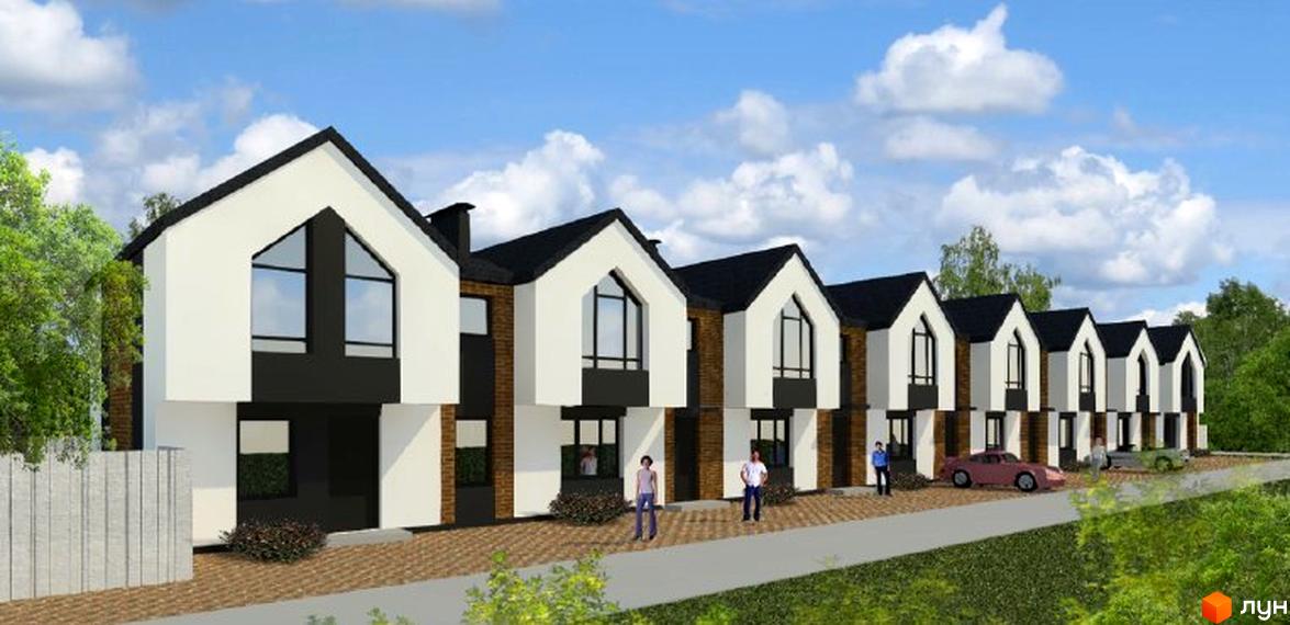 Зображення фасаду таунхаусів Amsterdam-2. Білі стіни, чорний дах та великі вікна. На прибудинковій території зелені насадження та тротуар.