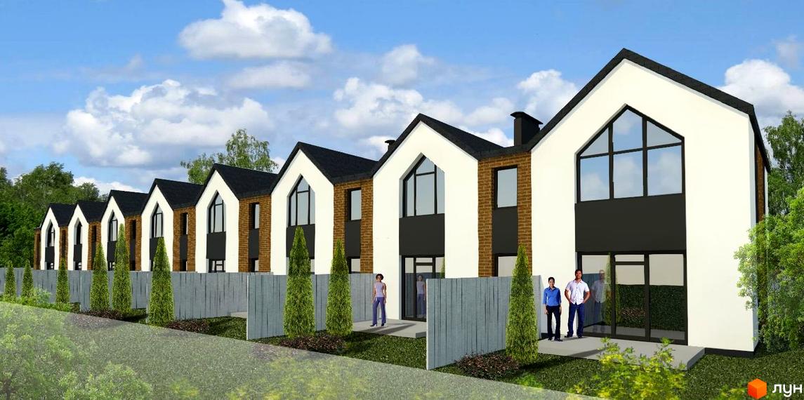 Таунхауси Amsterdam-2 з білим фасадом та темним дахом, вікнами арочної форми та огородженою територією з туями. Зовнішній вигляд будинків та прибудинкова територія.