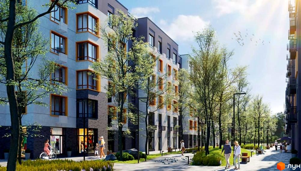 Зовнішній вигляд будинку ЖК Молодість з вікнами та балконами, зелена прибудинкова територія з деревами та людьми, що гуляють.