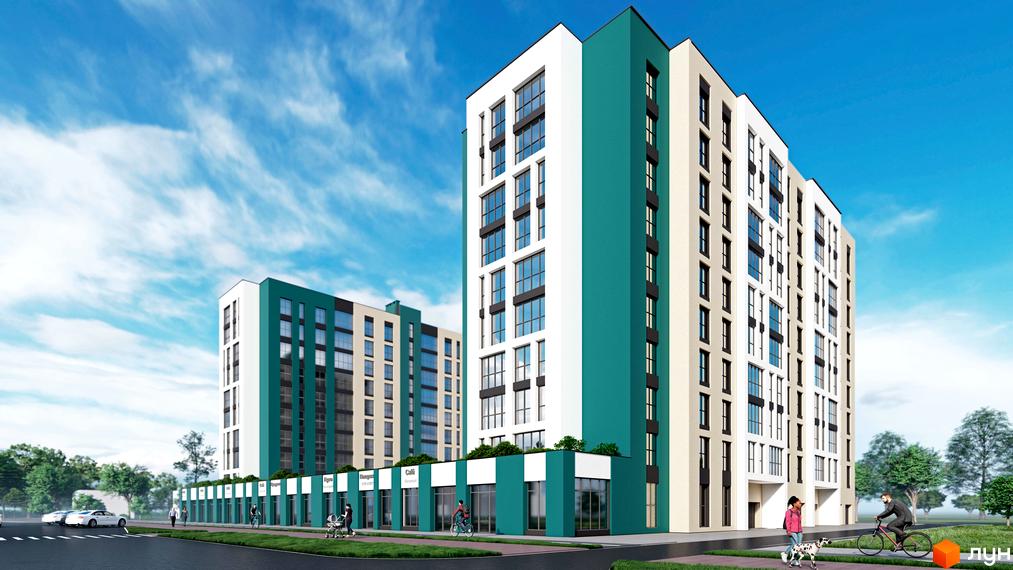 Зображення фасаду та прибудинкової території Житлового комплексу Laguna. Багатоповерховий будинок з магазинами на першому поверсі.