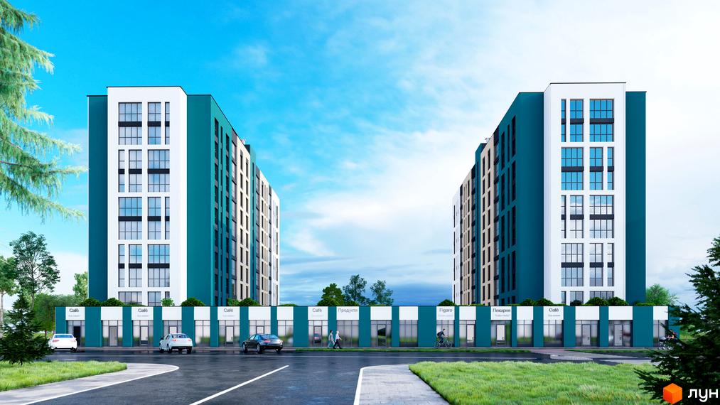 Зображення фасаду та прибудинкової території Житлового комплексу Laguna. Багатоповерховий будинок з комерційними приміщеннями.