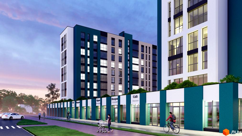 Зовнішній вигляд новобудови ЖК Laguna з фасадами бірюзового та білого кольорів, з великою кількістю вікон. На прибудинковій території розташовані магазини та зелені насадження.