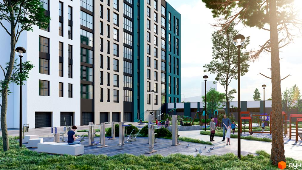 Зображення фасаду Новобудови Laguna з великими вікнами та дитячого майданчика з тренажерами.