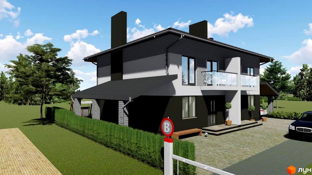 Зображення двоповерхового будинку в Котеджному містечку Щаслива Вулиця. Навколо будинку зелений газон та декоративні кущі.